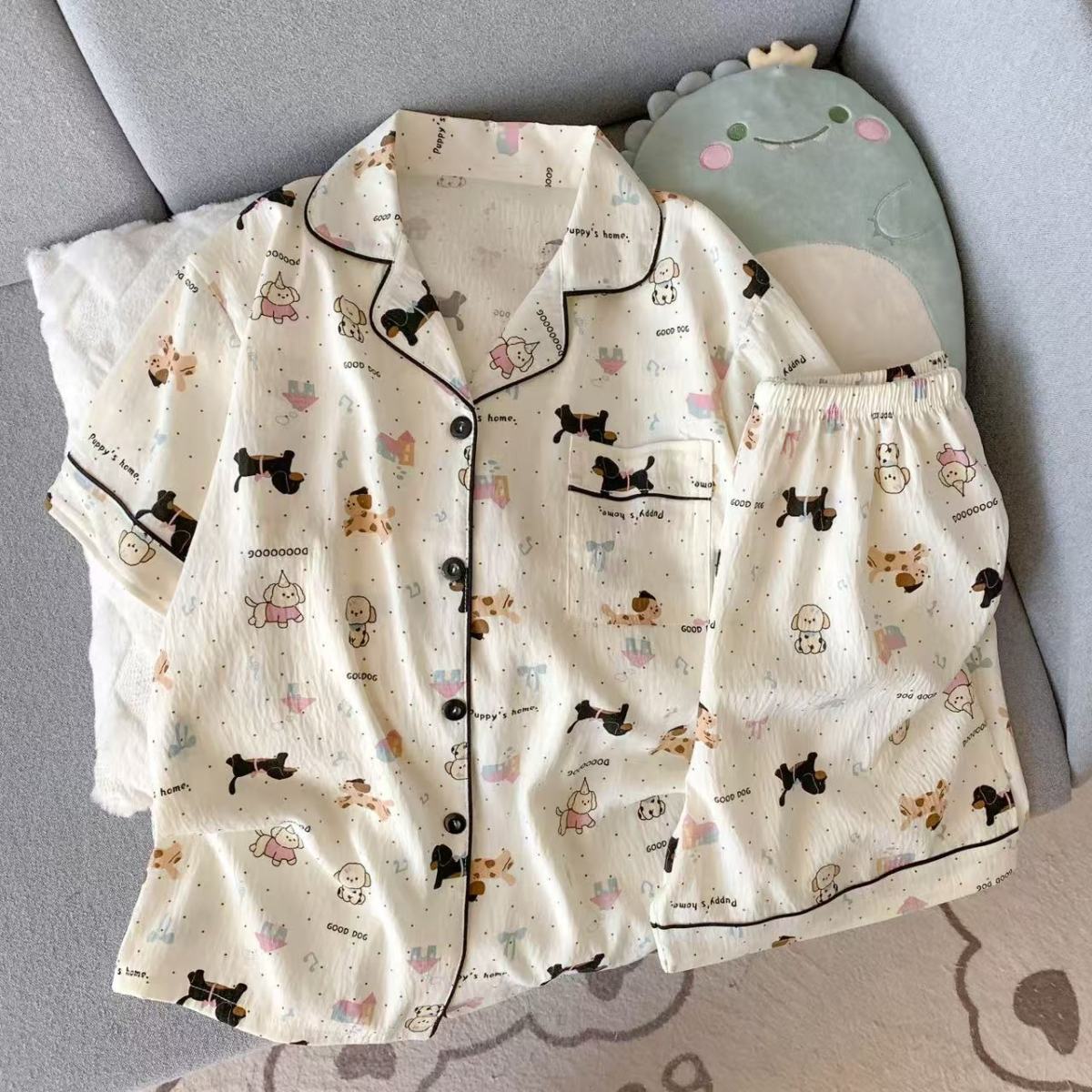 Impresión de dibujos animados nubes de algodón pijama de mujer verano nuevo suelto delgado tamaño grande dos piezas de mangas cortas pantalones cortos ropa para el hogar