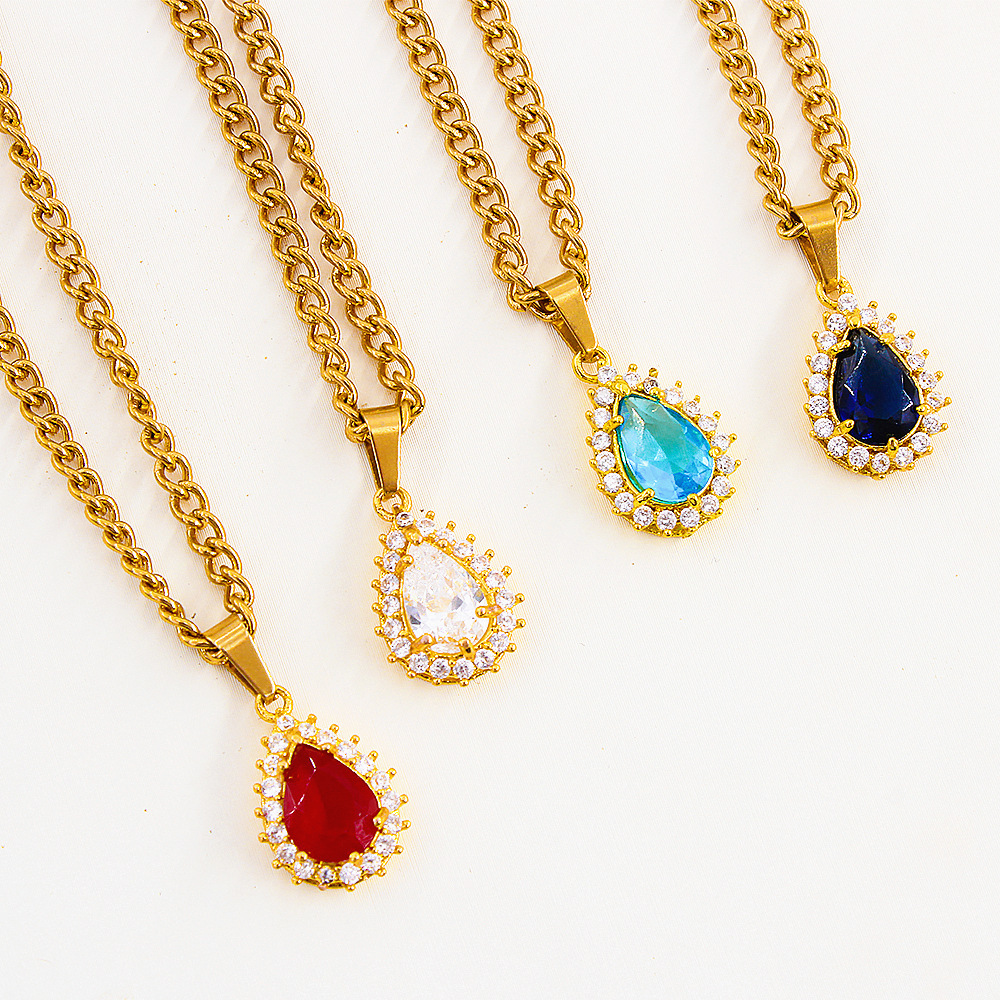 Retro Water Droplets Titanium Steel Inlay Zircon Pendant Necklace 1 Piece