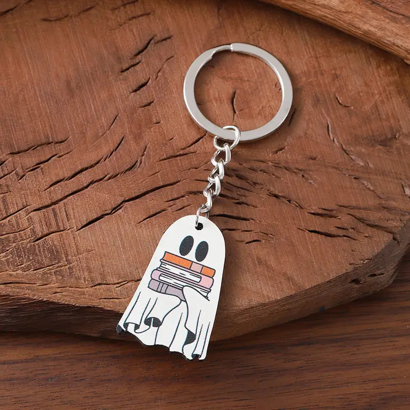 レトロなハロウィーンのかわいいキーホルダー、丸いリングバックルが付いた漫画の木製ペンダント|undefined