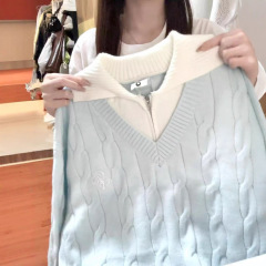 蓝色假两件翻领麻花毛衣女秋冬宽松慵懒风加厚时尚外穿针织衫上衣