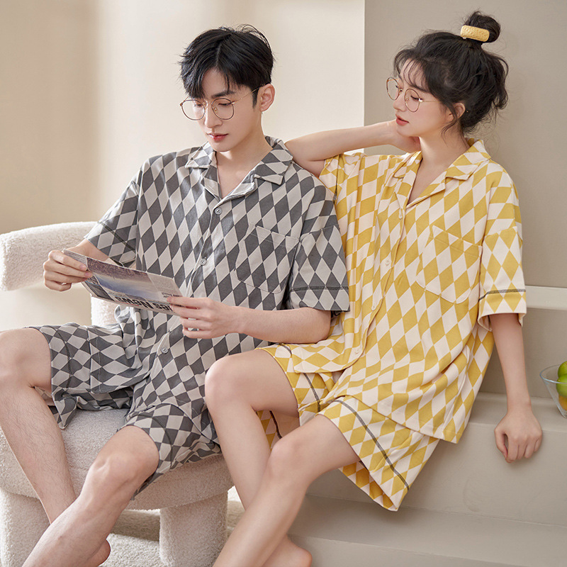 2023 nueva pareja de verano pijamas de manga corta pantalones cortos coreano casual Plaid color sólido desgaste del hogar traje de las mujeres