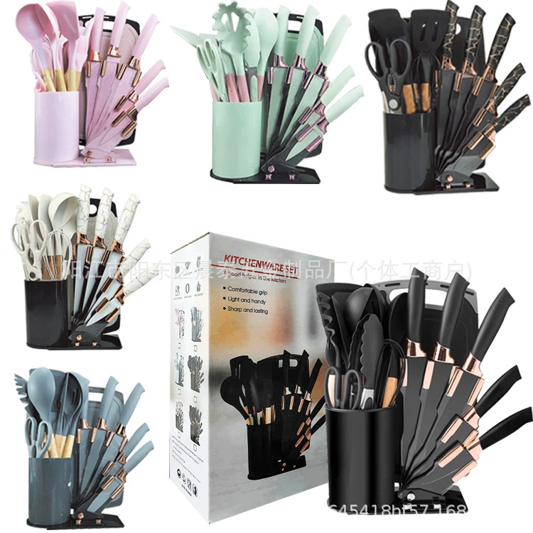 Набор силиконовой кухонной утвари из 19 предметов с подставкой для ножей, контейнером для хранения, блоком для ножей, антипригарной посудой, защитой от ожогов