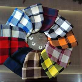 厂家直供针织帽女春秋季经典格子包头帽冬季保暖男女显脸小毛线帽