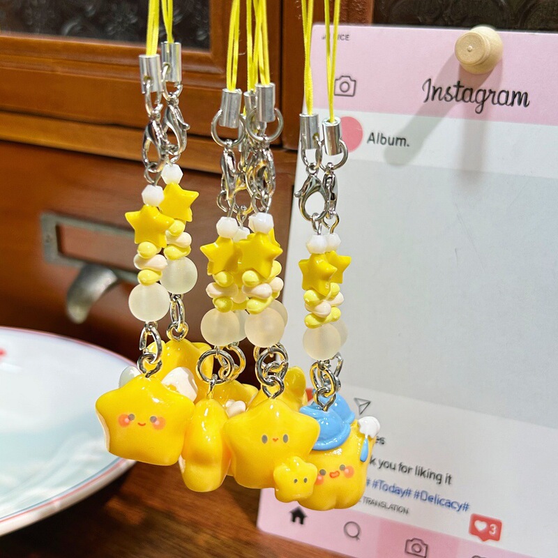 Cute Stereo Star Mobile Phone Chain Cream Angel Five-Pointed Star Beaded Pendant Student Bag Accessories Pendant