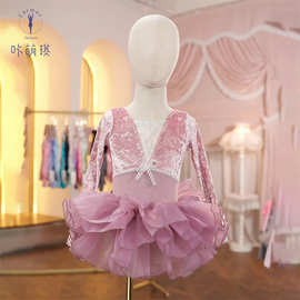 儿童舞蹈服秋冬长袖丝绒拼接蝴蝶结考级专用练功服女中国舞演出服