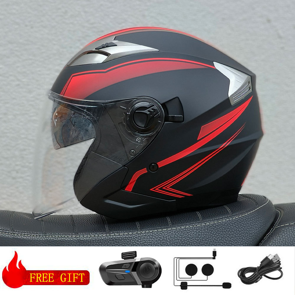 3/4 Half Helmet – Motuoche Motosiklet kaskı (dəbilqə) - red-line-transparent-visor-with-bluetooth-m57-58