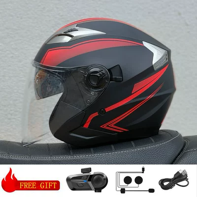 Half Helmet Motorcycle Helmet – Motosiklet kaskı (dəbilqə) - red-line-transparent-lens-with-bluetooth-m57-58