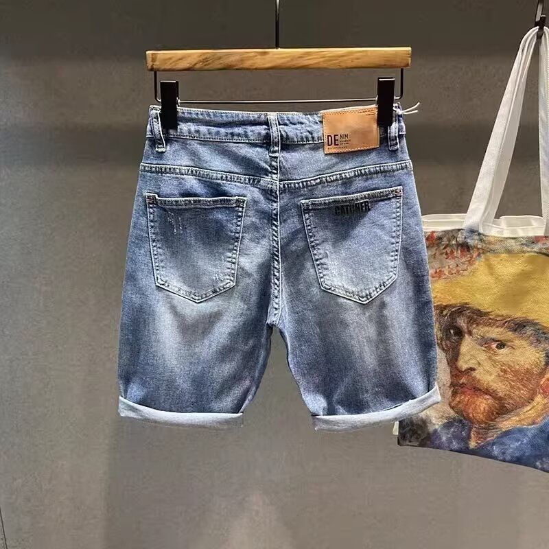 Slim-Fit-Denim-Shorts für Herren, hochwertiger Retro-Print im Washed-Style, Stretch, Fünf-Punkt-Länge, trendige Sommer-Freizeitshorts_voghion.com