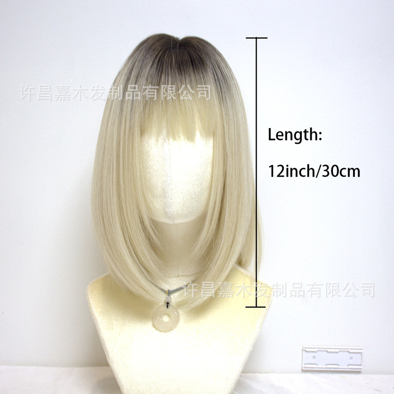 Temu人気ストレートかつら女性茶色グラデーション金色前髪波頭短髪全頭カバー染色ボブWig|undefined