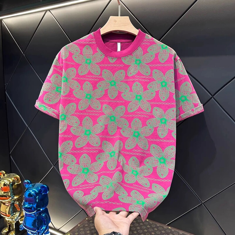 Short-Sleeved Men's Round-Neck T-Shirt, New Summer Style, Cool Designer Color-Blocking Print, Fashionable T-Shirt, Same Style as Internet Celebrities