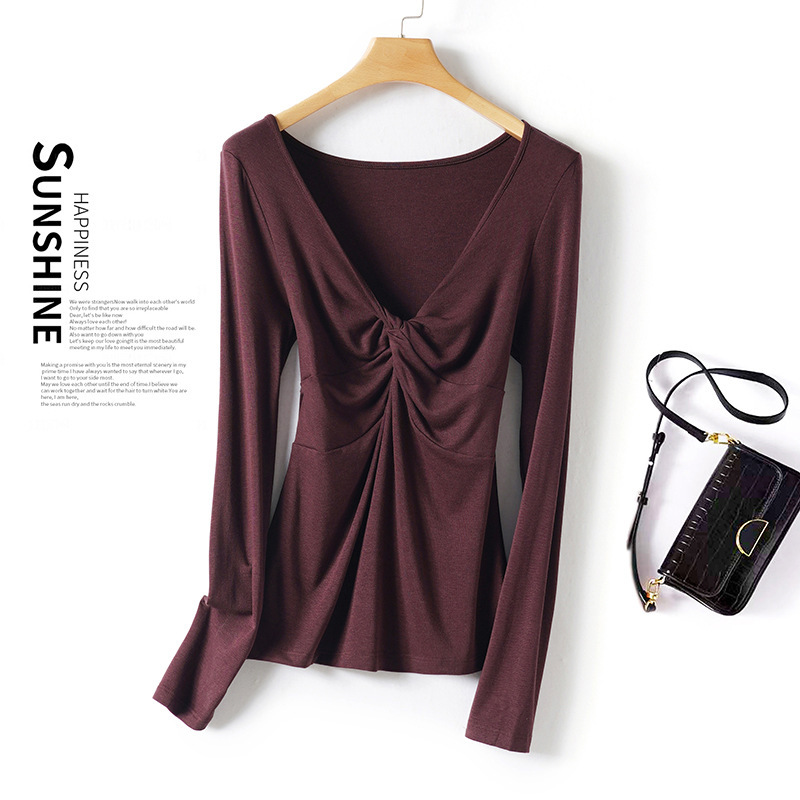 Purple Tencel acetate wool blend T-shirt, women's V-neck long-sleeve top with a twisted knot design, fashionable for spring and autumn Purple Tencel acetate wool blend T-shirt, women's V-neck long-sleeve top with a twisted knot design, fashionable for spring and autumn