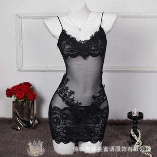 Cross-Border Lace Mesh Splicing See-Through Sleeveless Breast-Wrapped Tight-Fitting Hip-Hugging Sexy Hot Girl Dress Short Skirt Suit