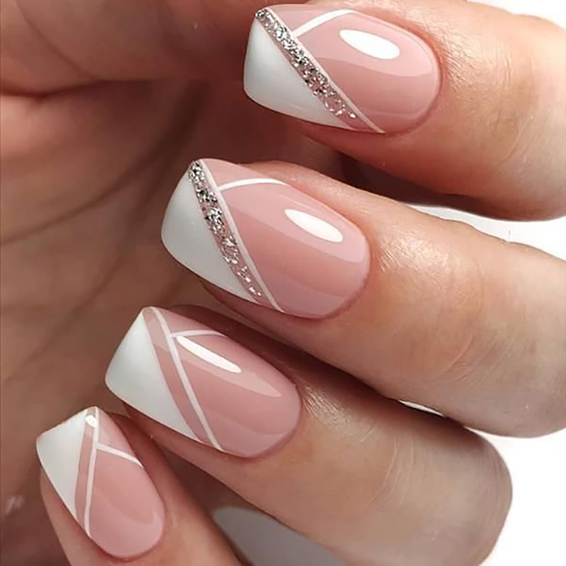 European and American Cross-Border Nude Pink Beveled Glitter Wearable Nails French High-End Ins 24-Piece Nail Art Wholesale Nails