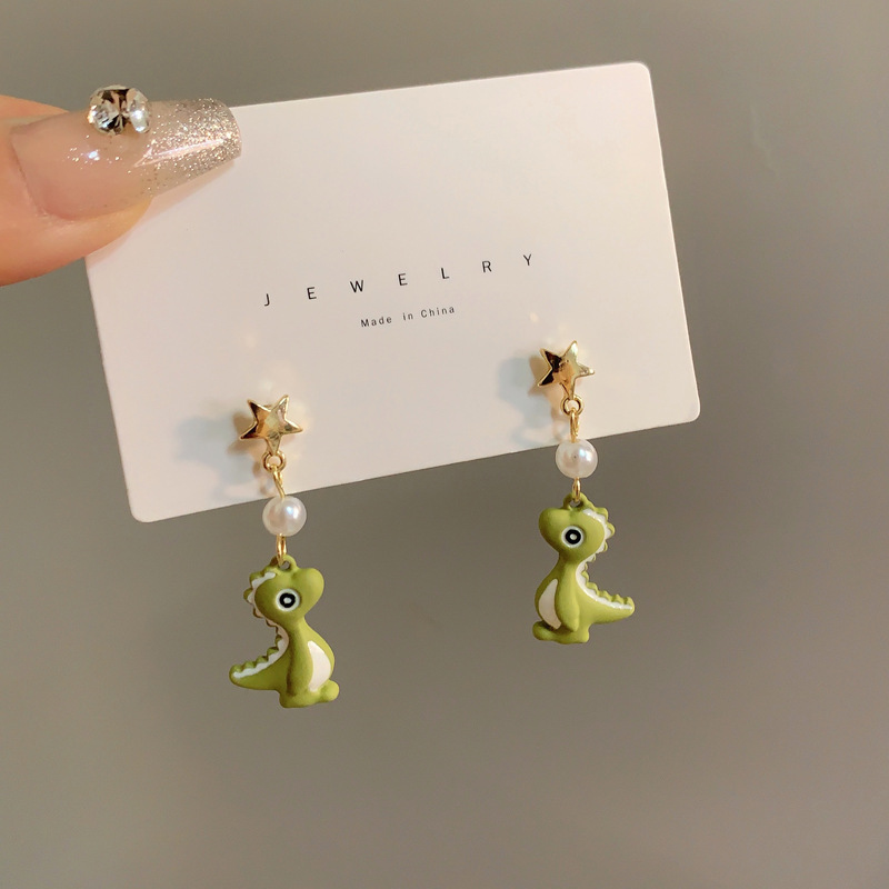 1 Pair Cute Dinosaur Stoving Varnish Imitation Pearl Alloy Drop Earrings display picture 2