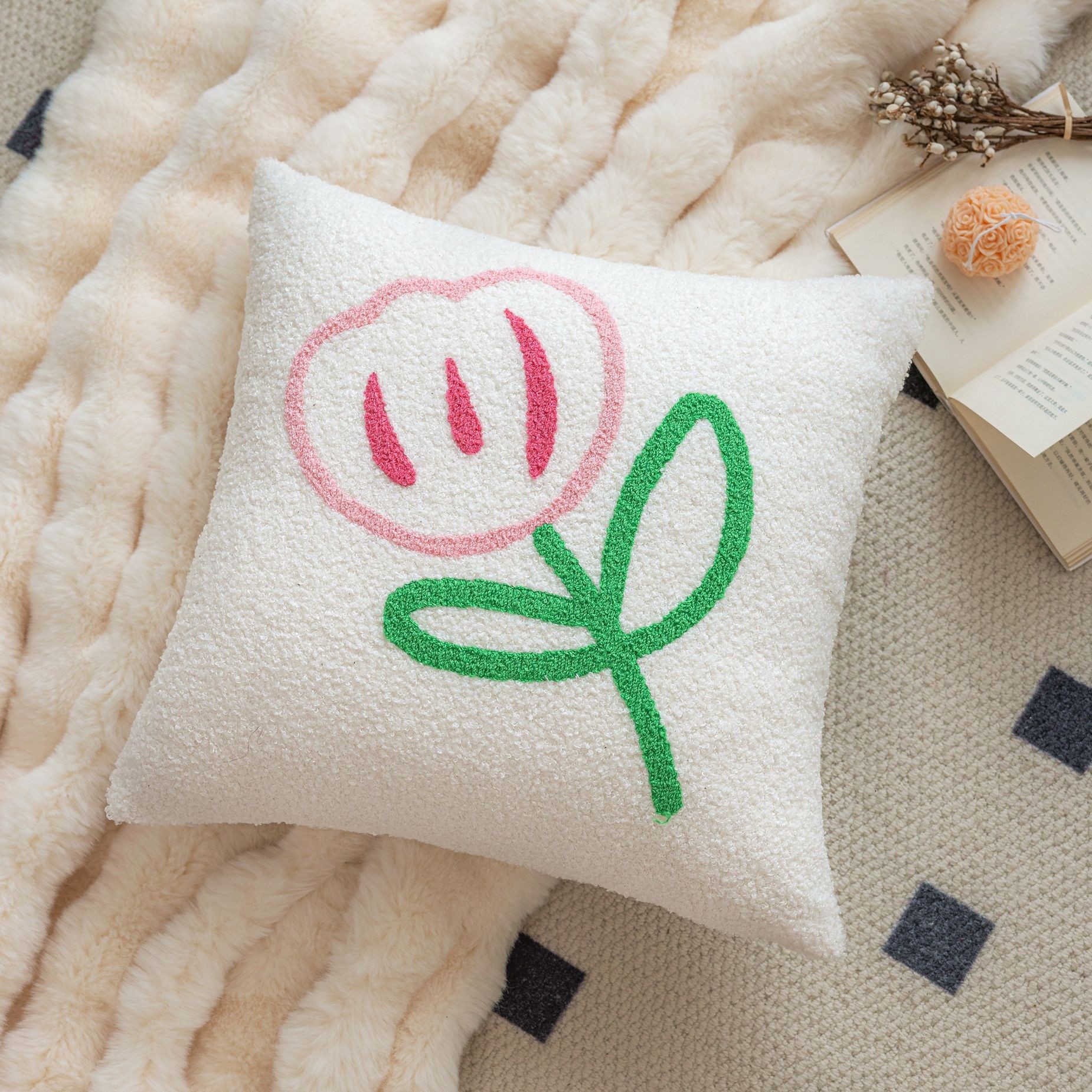 New Embroidered Pillow Case Pink Flower Embroidered Sofa Pillow Office Car Bedside Cushion Knitted Backrest