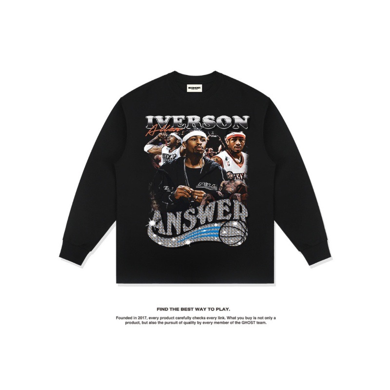 Iverson American Star camiseta hip-hop de la calle impresión de moda retro hacer viejo lavado pesado cuello redondo manga larga