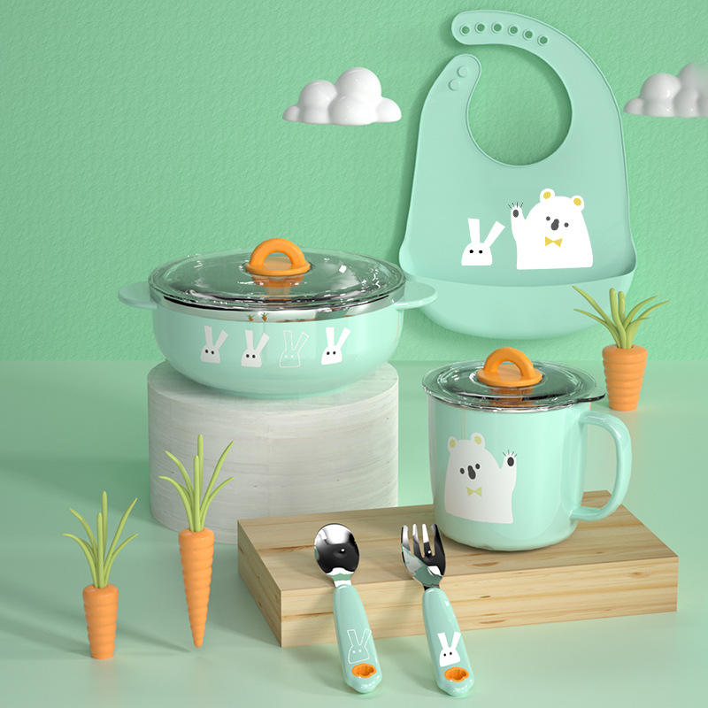 316L de acero inoxidable Los niños vajilla traje suplemento alimenticio bebé lechón tazón taza agua babero tenedor cuchara