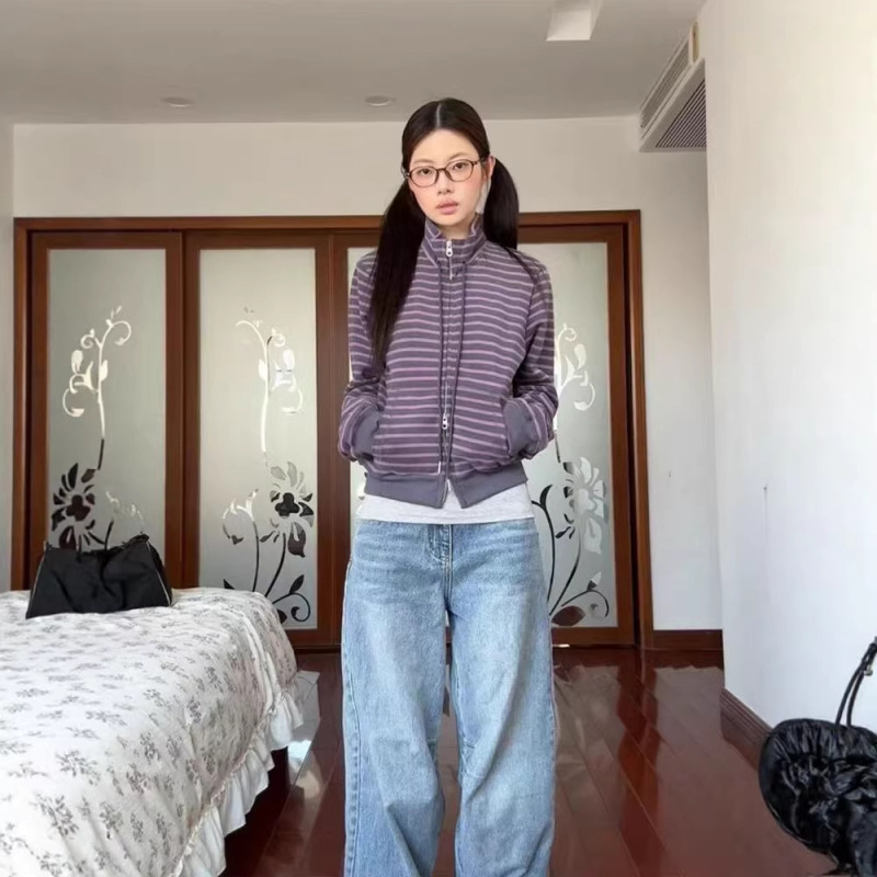 Korean-Style Purple Striped Zip-Up Sweatshirt Jacket for Women, New Spring Model with a High-End Feel, Niche Outerwear, Casual Long-Sleeve Top