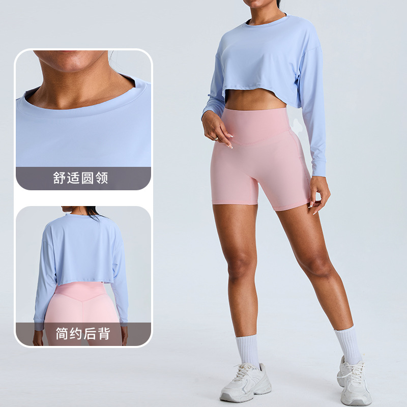Otoño nuevo estilo ropa de yoga manga larga mujer cuello redondo casual ropa deportiva suelta correr ropa de fitness corta delgada top
