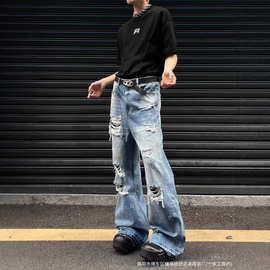 2025夏季美式高街水洗刀割破洞微喇牛仔裤男女复古直筒显瘦设计长