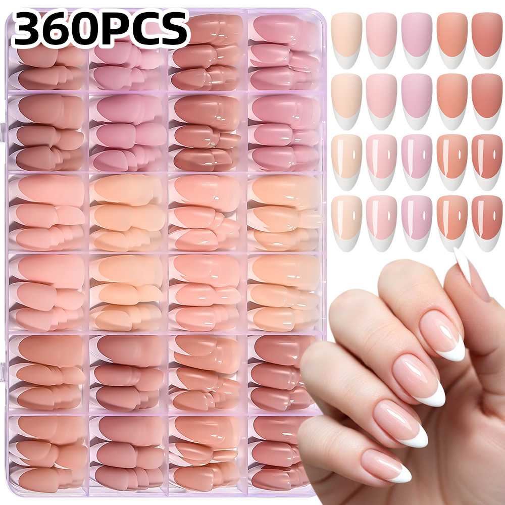 Cross-Border Hot-Selling 24-Piece Set of Mixed-Color French Almond Press-On Nails, 360 Pieces of Nail Stickers, DIY Girl Nail Art Pieces