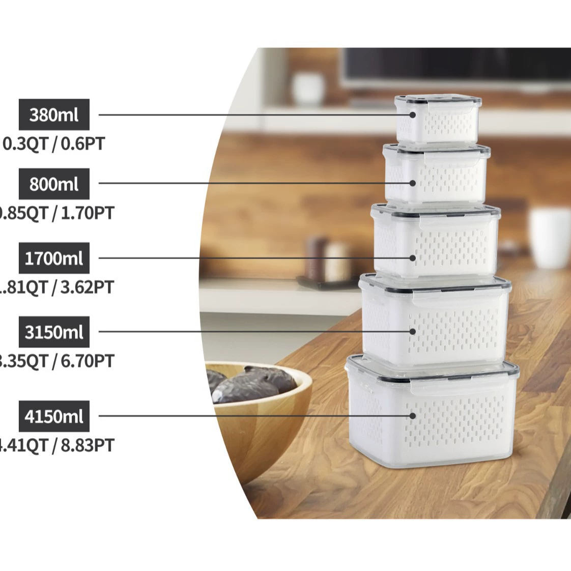 Double‑layer draining food storage box, transparent food‑grade, multiple sizes & sets