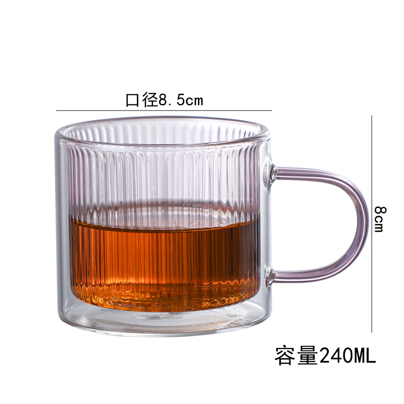 Taza de café de vidrio de doble capa resistente al calor, con asa, diseño vertical y elegante