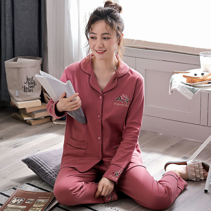 Pijamas de manga larga las mujeres traje Algodón puro color sólido bordado chica más tamaño espesado desgaste casero para