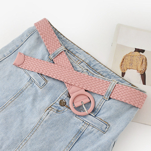 New European and American fashion candy-colored round leather bag buckle wide belt for women versatile clothing decorative woven belt for women