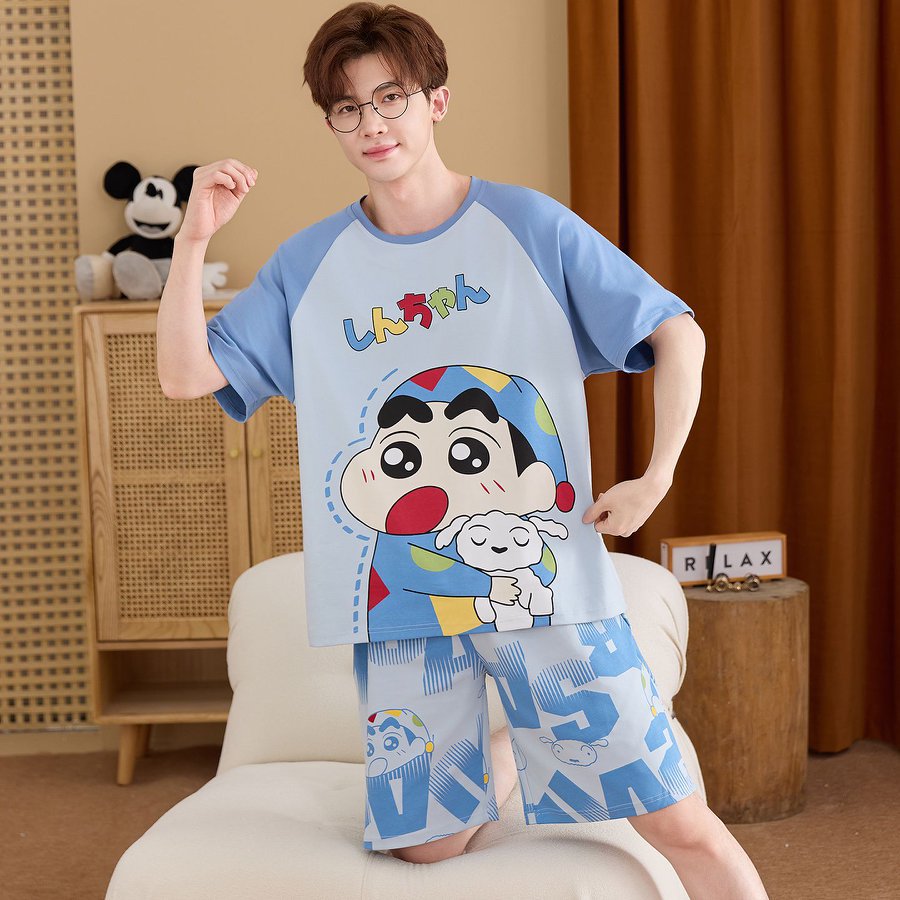 Men's pajamas men's cotton summer pullover cotton short sleeve large size student cartoon home suit a generation of hair