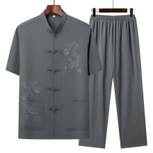 中老年短袖套装男夏季冰丝汉服男士唐装爸爸夏装晨练老人爷爷衣服