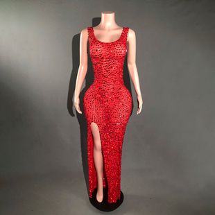 European and American sexy low-cut rhinestone drape dress company annual meeting supporter evening dress birthday high-end dress