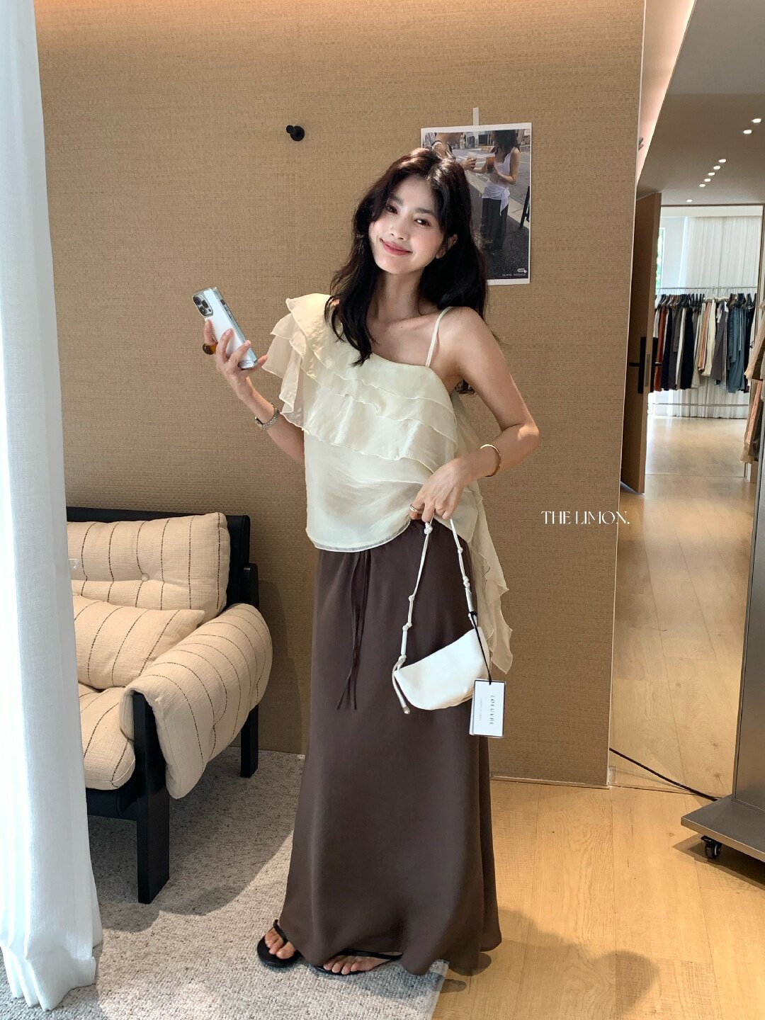 Chân váy chữ A nữ dài mắt cá buộc dây phong cách thư giãn — màu đen, Màu cà phê, xanh lá cây, màu mơ chi tiết 8