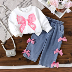 Children's clothing跨境欧美女童粉色蝴蝶结米白卫衣+牛仔长裤