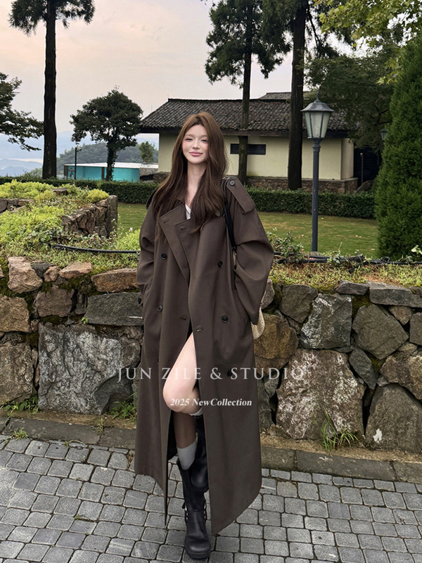 风衣外套女长款高个子韩系英伦风气质秋季新款翻领收腰双排扣大衣|undefined