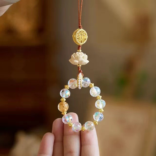 New Chinese Style Trendy Boxwood Lotus Mobile Phone Chain Bag Pendant Car Hangers Colorful Fragrant Grey Glass Pendant