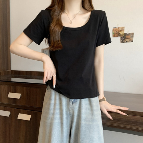 Shoulder Short Sleeve T-Shirt Women Small Size Summer Pure Desire Style Sweet and Spicy Girl Big Neck Pure Color Slimming Top Wholesale 