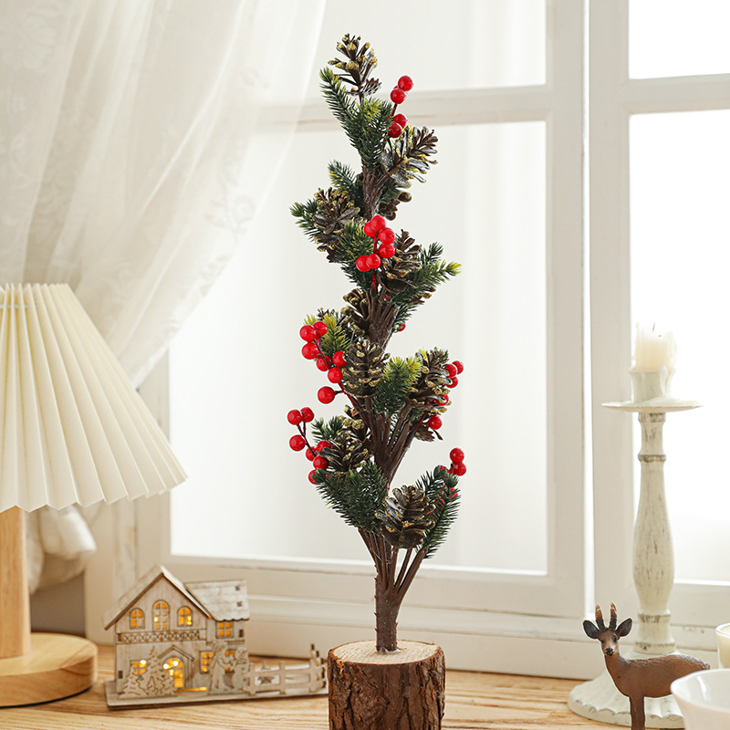 40CM imitación de plástico árbol de Navidad verde con nieve pequeña decoración de escritorio piña de madera decoración de maceta