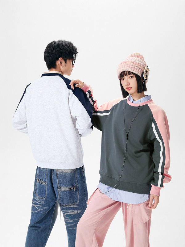 秋季新款美式卫衣男女同款潮牌拼接撞色插肩袖宽松圆领上衣情侣装|undefined