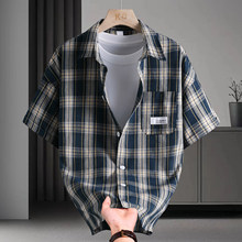 速卖通外贸爆款衬衣男夏季男士新款格纹短袖衬衫时尚潮流个性设计