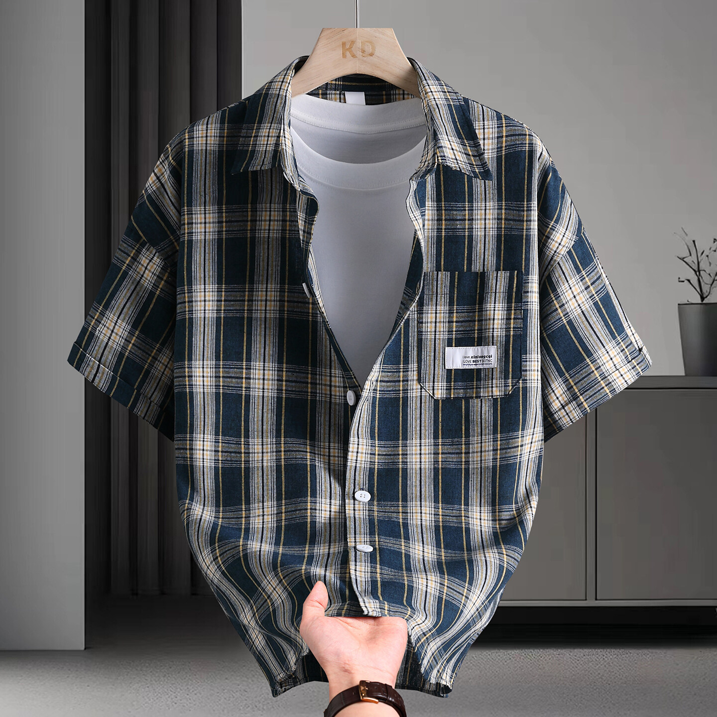 速卖通外贸爆款衬衣男夏季男士新款格纹短袖衬衫时尚潮流个性设计