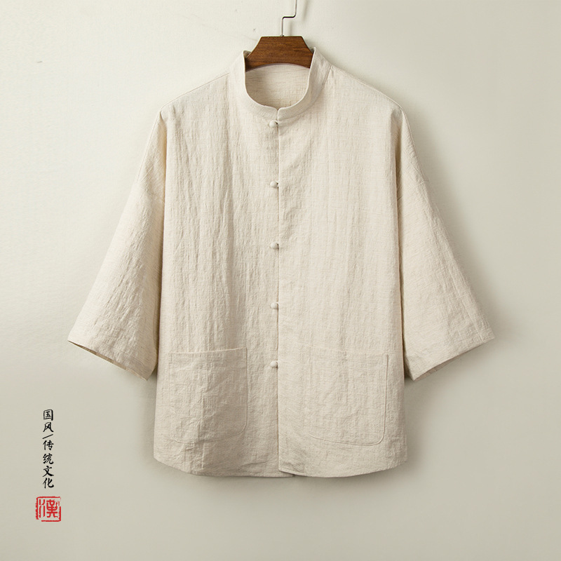 Summer Loose Linen Three-Quarter Sleeve Men's Retro Style Shirt Stand Collar Thin Linen Chinese Style Top
