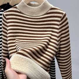 2023新款小众设计感条纹毛衣女冬季洋气百搭减龄加绒加厚打底上衣