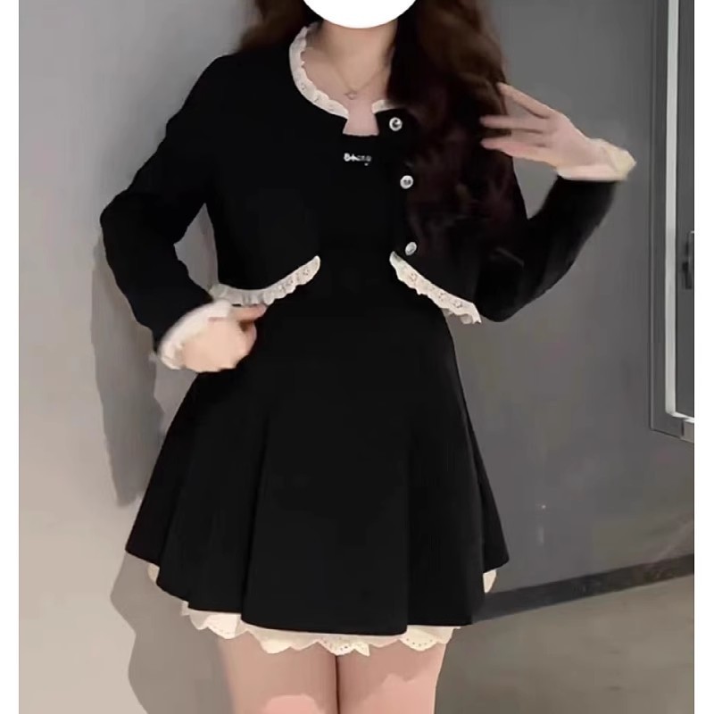 大码赫本风高级感黑色连衣裙女秋季胖mm小香风花边短款外套两件套|undefined