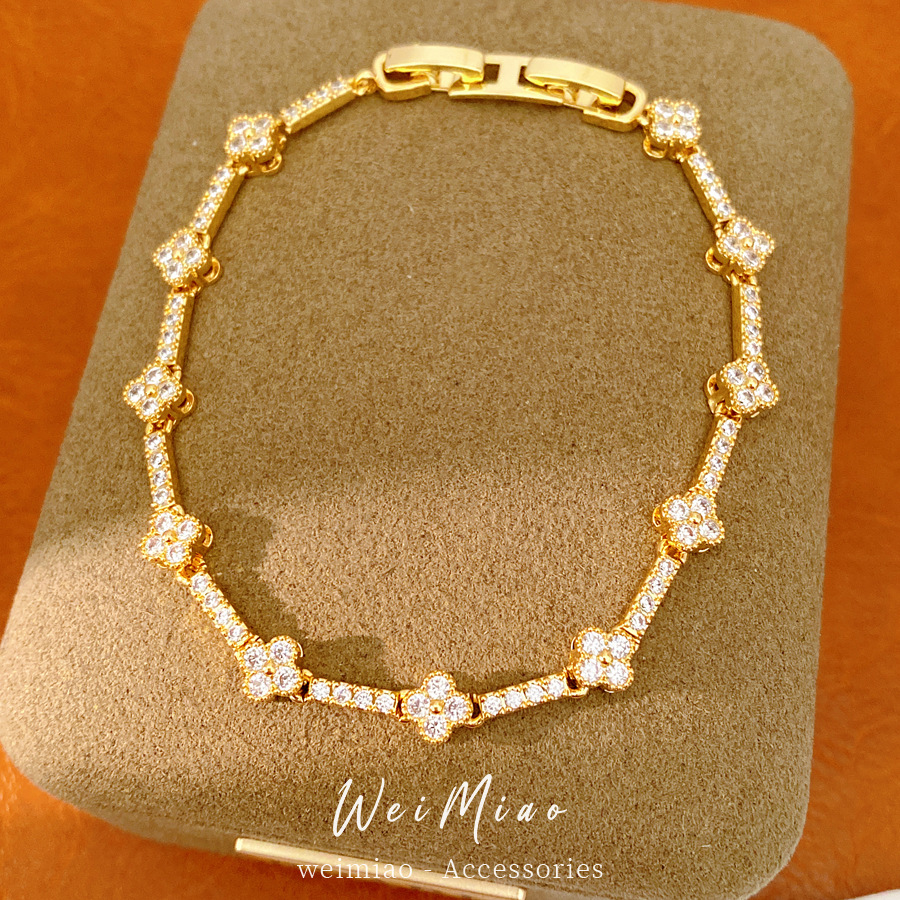 18 quilates de oro verdadero electronita de diamante de hierba de la suerte pulsera de flores ligera pulsera de nicho de lujo personalidad temperamento joyas de moda