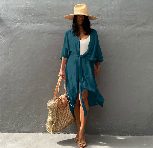 European and American cotton solid color with belt beach robe sexy open shirt loose with belt vacation bikini outer robe