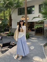 卡通印花圆领长袖T恤女夏2025新款韩系气质格子撞色半身裙两件套