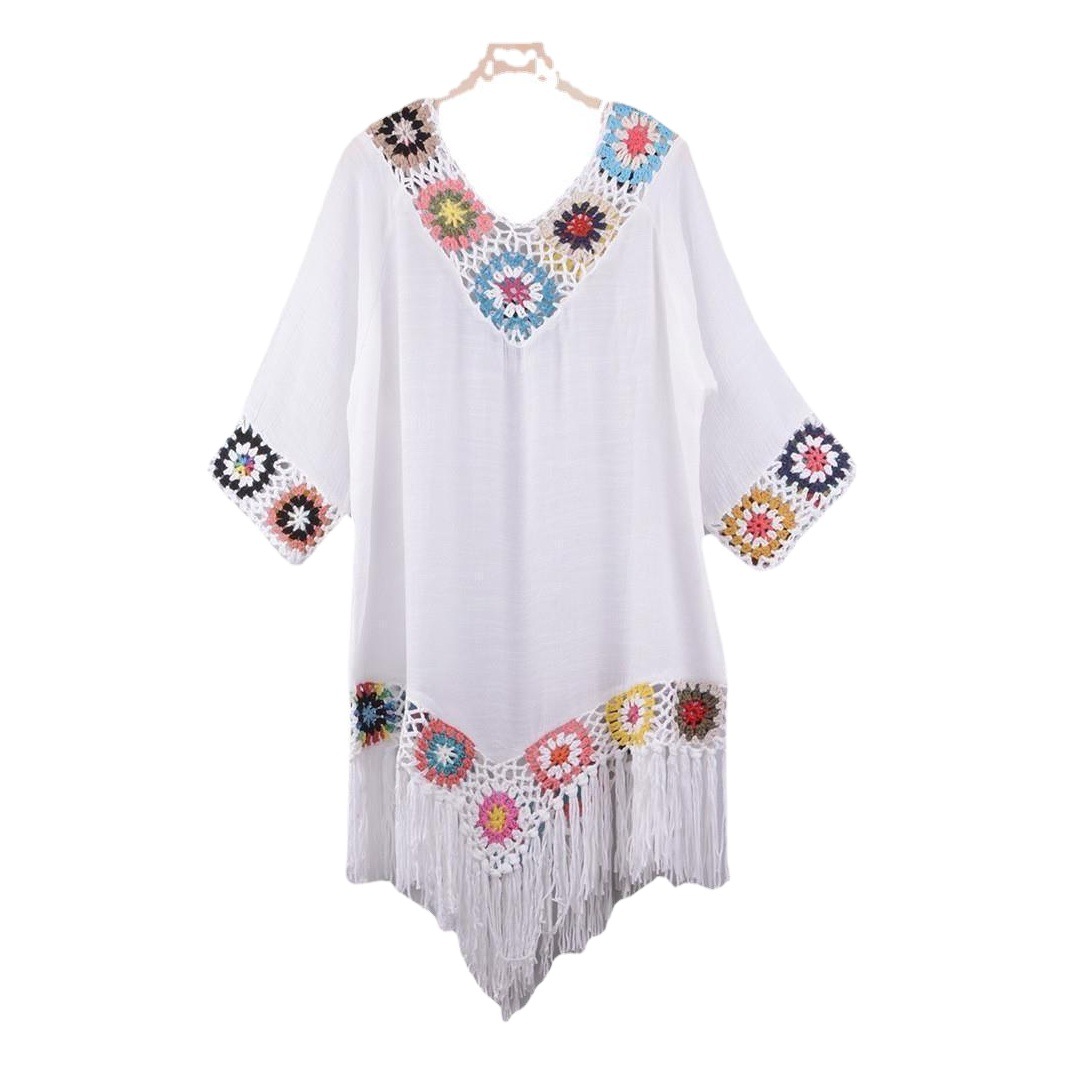 Transfronterizo nuevo fuera del hombro tres cuartos manga gancho flor costura borla irregular playa anti-DDoS blusa estilo étnico vestido image 1