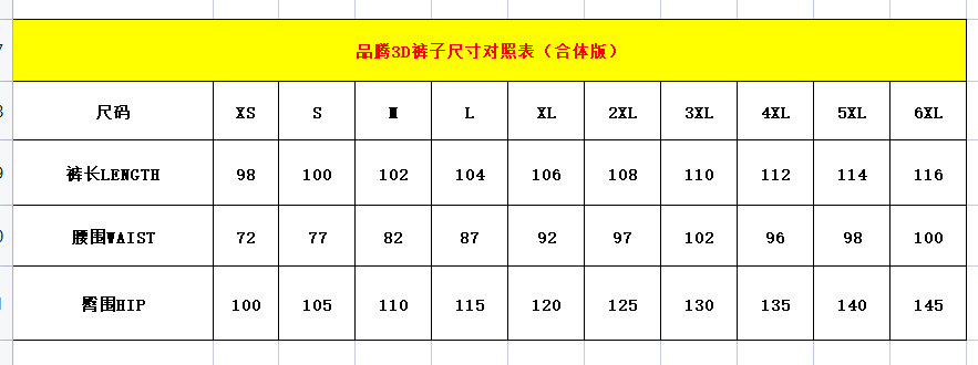 裤子尺码表