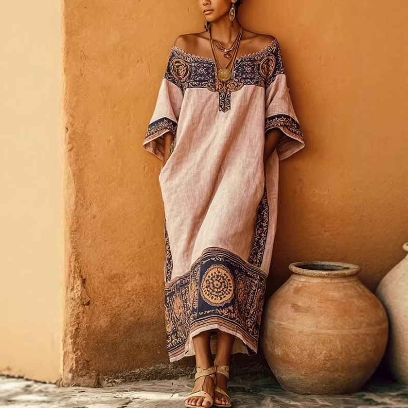 Cross-Border Amazon Women's Holiday Bohemian Print Loose Dress Cross-Border Amazon Women's Holiday Bohemian Print Loose Dress